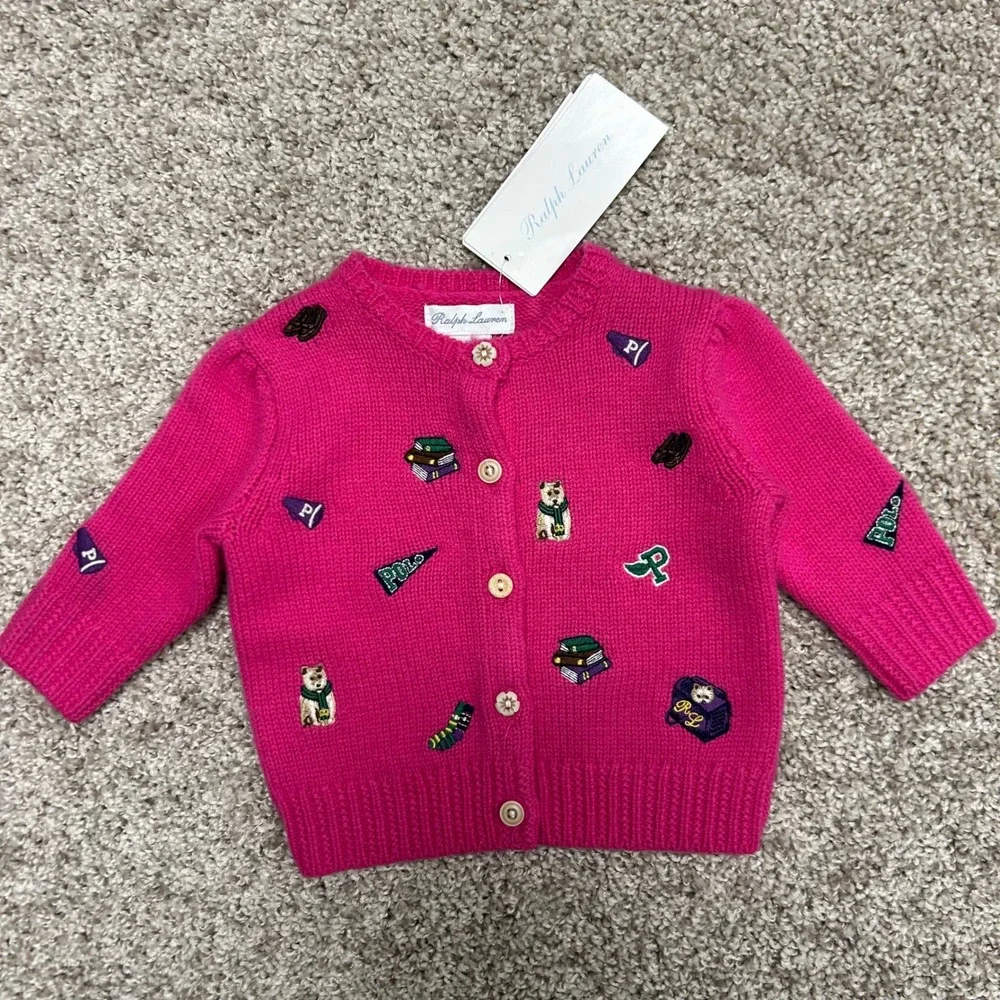 NWT Ralph Lauren Embroidered‎ Wool Blend Cardigan Baby Size 3M Pink Prep School